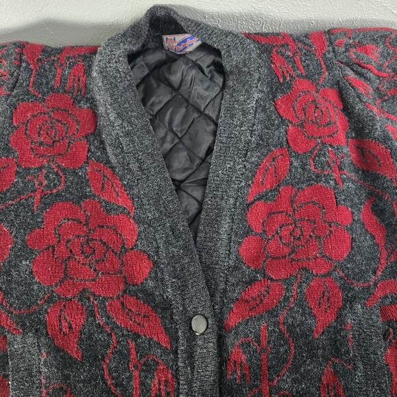 New Wang Kong VTG Rose Floral Grey Red Woman Cardigan Jacket Large Grannycore - Picture 7 of 9